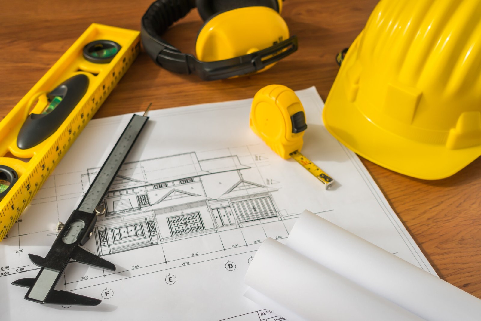 Construction plans with yellow helmet and drawing tools on blueprints